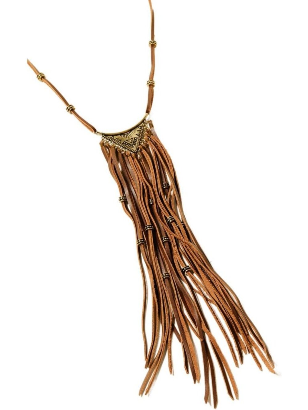 Boho Leather Fringe Necklace with Gold Accents - Mystic Valley Style, One Size